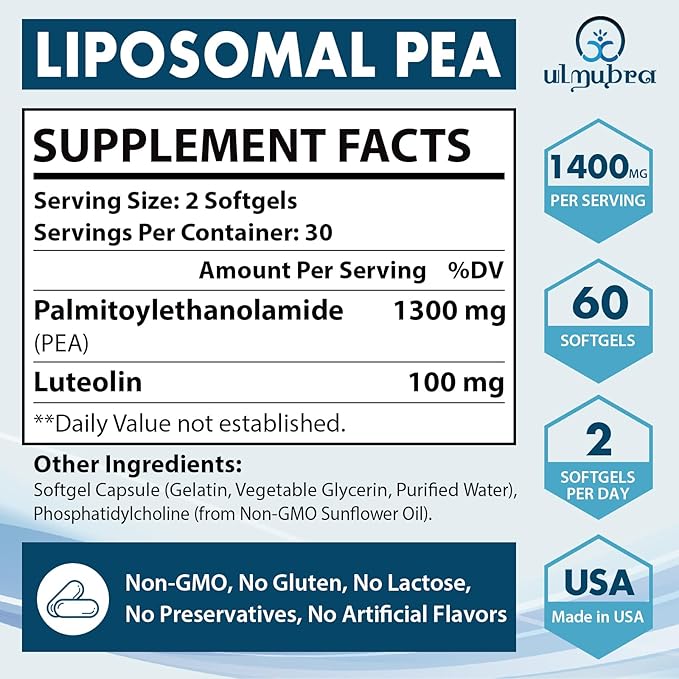 Liposomal Palmitoylethanolamide 1300 MG Plus Luteolin 100 MG Superior Absorption Micronized Pea Supplement for Discomfort Management 60 Softgels