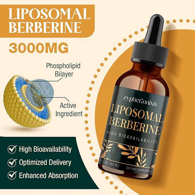 Liposomal Berberine HCL Supplement Liquid 3000mg - High Absorption Berberine Drops with Ceylon Cinnamon - 12-in-1 Formula AMPK Activator Sugar Free - 4 fl oz