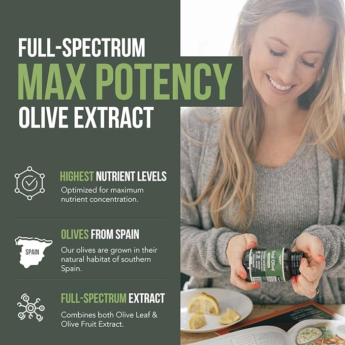 Total Olive® - Olive Leaf Extract (40% Oleuropein) Plus Olive Fruit Extract (20% Hydroxytyrosol) – Full Spectrum Extract Grown &amp Extracted in Spain – BioPerine Absorption Enhancement (60 Count)