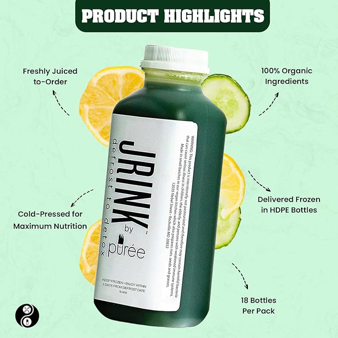 JRINK by Purée Easy Green Juice Cold Pressed Organic Fruit and Vegetable Blend Detox Cleanse Healthy Raw Greens Drink No Preservatives Juice Cleanse 16oz HDPE Bottles Pack of 12