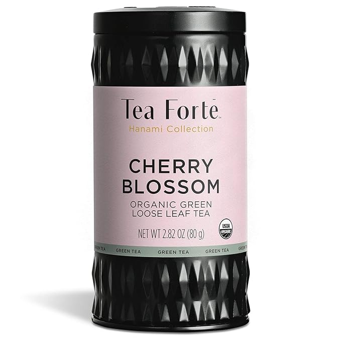 Tea Forte Cherry Blossom Premium Loose Leaf Caffeinated Green Tea Blend Canister Makes 35-50 Cups Round Canister