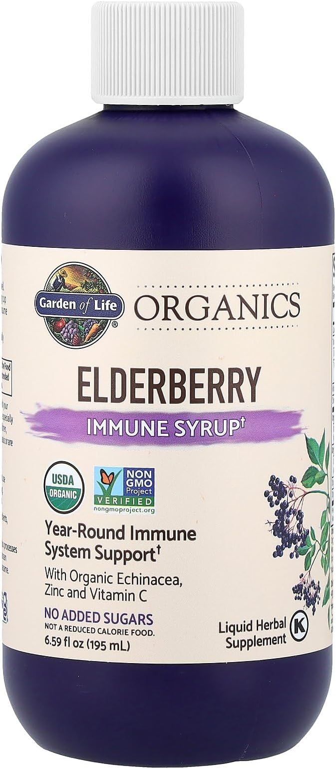 Garden of Life Organics Plant Based Elderberry Immune Syrup 6.59 floz (195 mL) for Kids &amp Adults - Sambucus Echinacea Zinc &amp Vitamin C 0g Sugar Organic Vegan Gluten Free Herbal Supplement