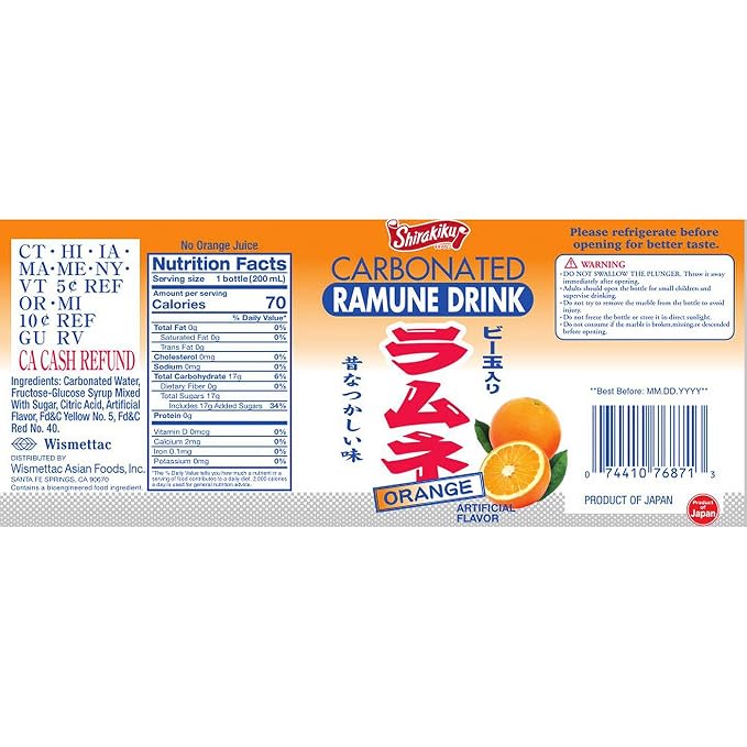 Ramune Japanese Carbonated Soda Drink Variety Pack 6 Bottles Yuzu and Orange Flavors