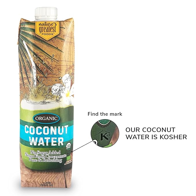 Nature's Greatest Foods Organic Coconut Water USDA Organic Certified No Sugar Added Never from Concentrate Pure &amp Refreshing 33.8 fl oz (Pack of 6)