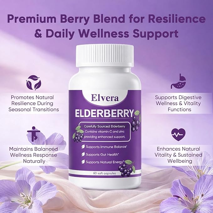 Elvera Gut Support Complex - Organic Black Elderberry Soft Capsules - 1200mg Elderberry Extract Vitamin C Zinc Daily Immune &amp Gut Support | Vegan Non-GMO | 60 Softgels
