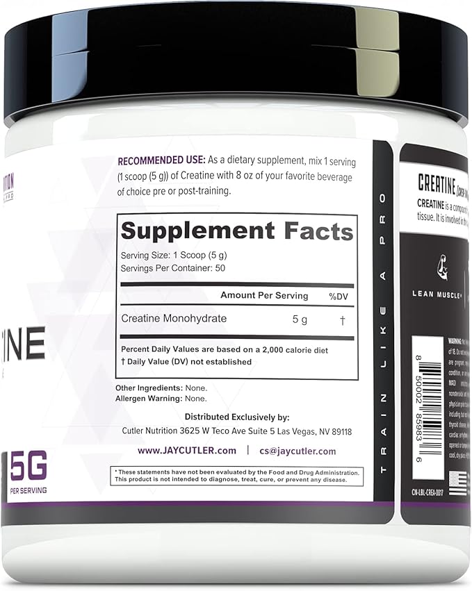 Cutler Nutrition Pure Creatine Monohydrate - 5g Per Serving 50 Servings - Premium Muscle Builder Enhances Strength Performance &amp Recovery - Unflavored for Easy Mixing