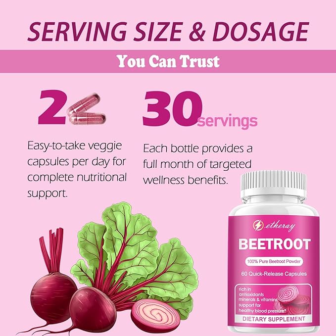 Beet Root Capsules - 1300mg Organic Pure Beetroot Beets Powder 60 Capsules-30 Days Supply | Natural &amp Vegan Supplement