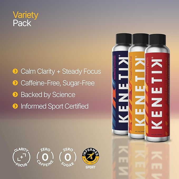 KENETIK Caffeine-Free Focus Concentrate – Brain Fuel for Mental Clarity Cognitive Endurance Sugar-Free Bioidentical Ketones (D-BHB) 4oz (4 Servings) – 3 Pack Variety