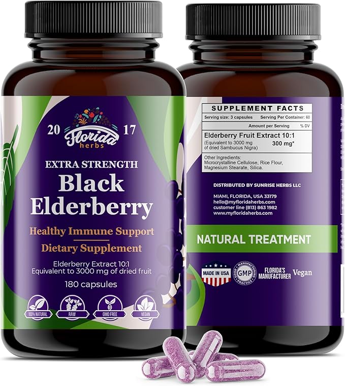 Black Elderberry Capsules | 180 Count | Sambucus Elderberry Vitamins Non-GMO Gluten Free Organic Elderberry Extract Sambucus Nigra
