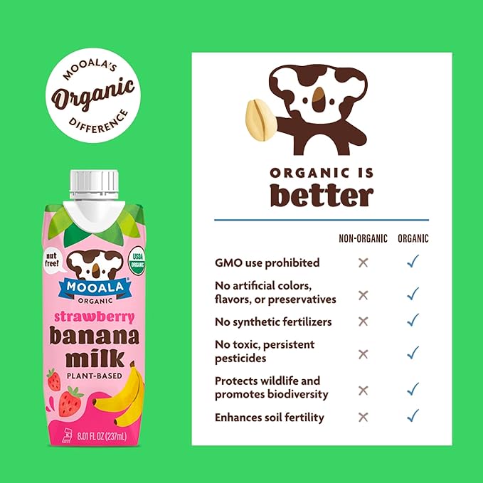 Mooala - Organic Strawberry Bananamilk Lunchbox Friendly Shelf-Stable Non-Dairy Nut-Free Plant-Based Beverage On the Go 12 Pack