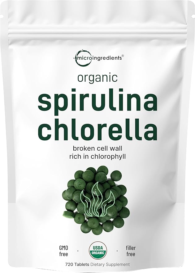 Organic Spirulina Chlorella Tablets 3000mg Per Serving 720 Tablets (4 Month Supply) | 50/50 Blend Superfood | Cracked Cell Wall for Better Absorption | Rich in Vegan Protein &amp Chlorophyll