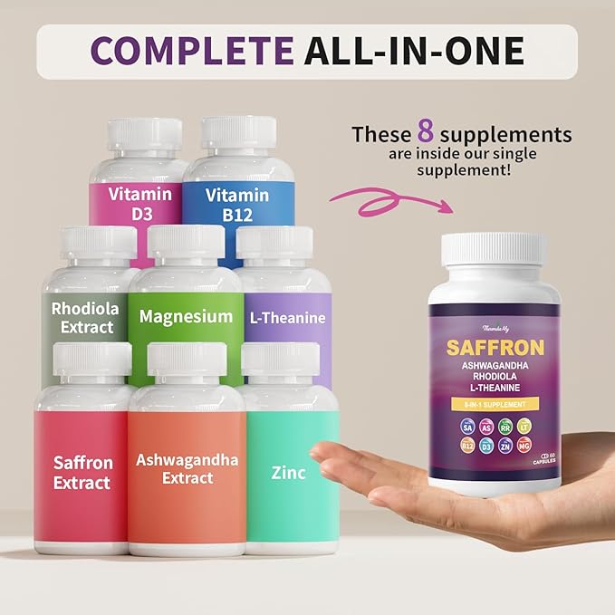 Saffron Supplements – Blend with Ashwagandha Safron Rhodiola Magnesium L-Theanine Zinc &amp B12 88.5 mg Pure Saffron Extract Capsules Mood Energy Vision &amp Focus – 60 Vegan Capsules