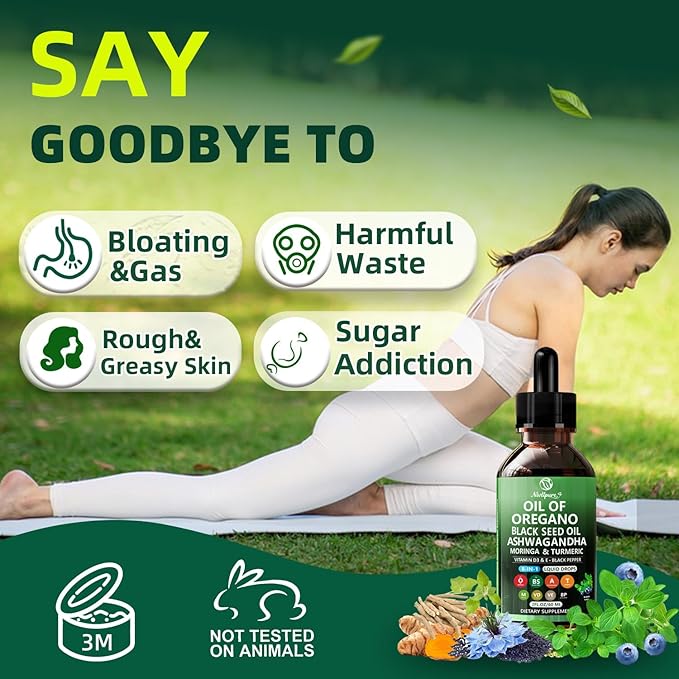 Oil of Oregano with Black Seed Oil | 8 in 1 Organic Oregano Oil Drops with Ashwagandha Moringa &amp Turmeric | Natural Herbal Supplements for Immune Support &amp Stress Relief | Vegan Friendly 2 F