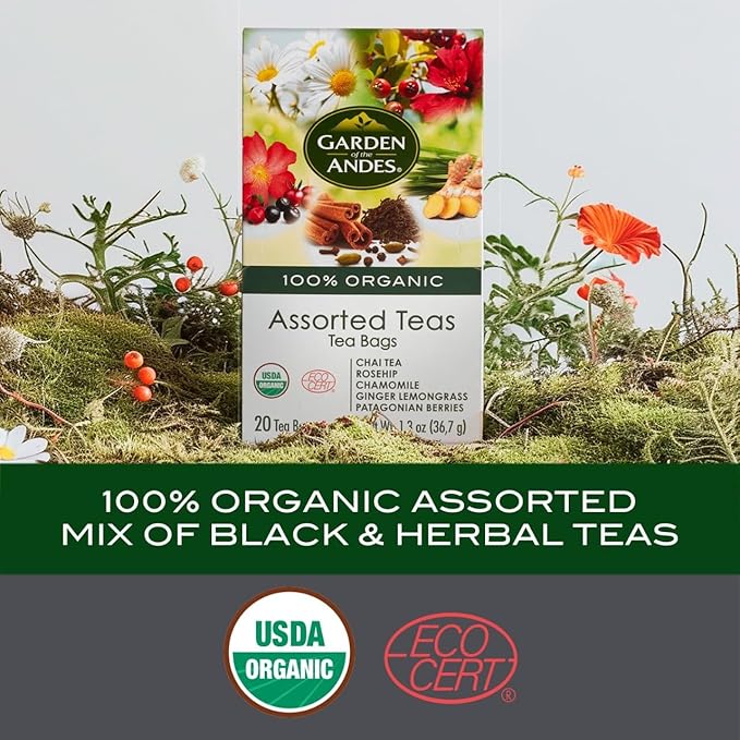 Garden of the Andes - Organic Assorted Herbal Teas - Variety Pack 20 Tea Bags - Caffeine-Free Herbal Infusions - Biodegradable Staple-Free Bags and Seed-to-Cup Traceability