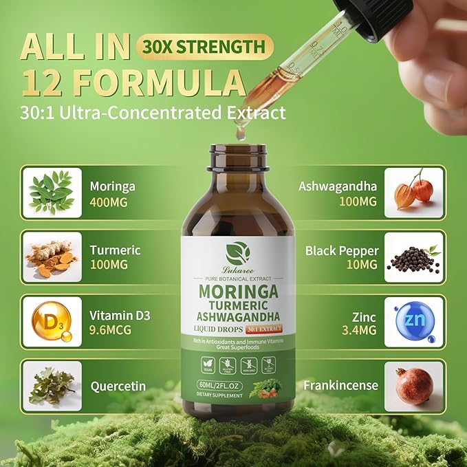 12-in-1 Organic Moringa Drops with Ashwagandha Turmeric Quercetin Lipsomal 98% Absorption &amp 30:1 Extract for Energy Immune Joint Digestive Metabolism Vegan Non-GMO More Potency Than Moringa Pow