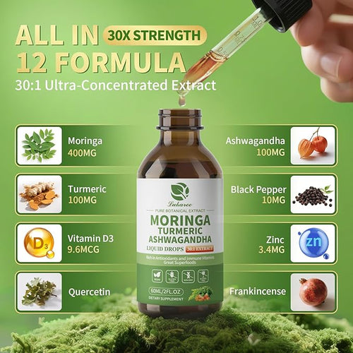 12-in-1 Organic Moringa Drops with Ashwagandha Turmeric Quercetin Lipsomal 98% Absorption &amp 30:1 Extract for Energy Immune Joint Digestive Metabolism Vegan Non-GMO More Potency Than Moringa Pow