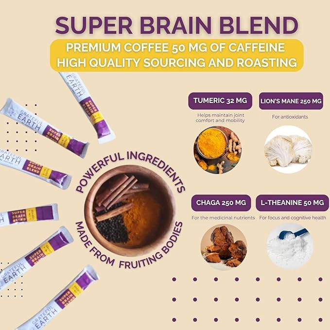 Grateful Earth Mushroom Coffee Espresso Instant Coffee with Cinnamon Turmeric Lion’s Mane Mushrooms L-Theanine Chaga Super Brain Blend Energy &amp Immune Support Dairy &amp Gluten Free 2 Bag