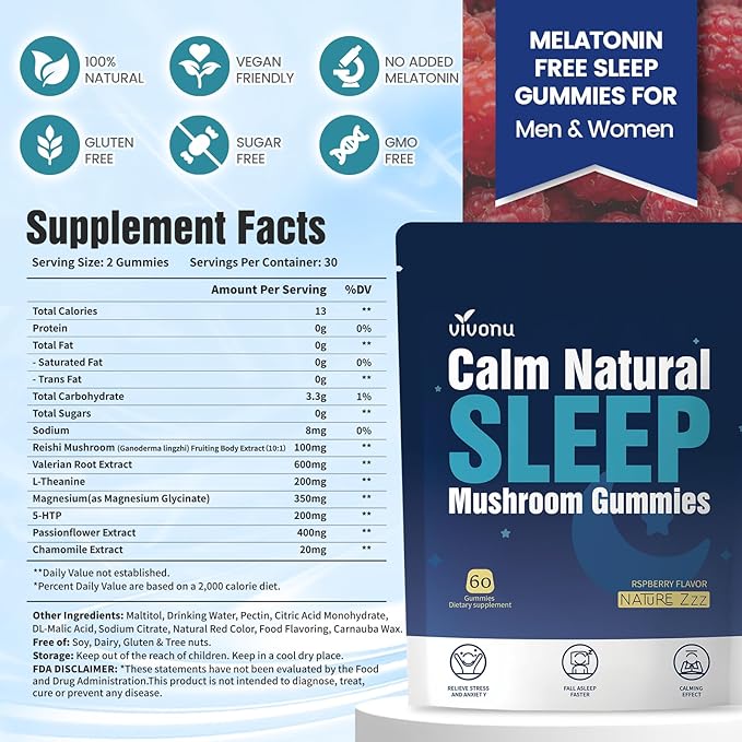 VivoNu Sleep Gummies for Adultswith L-Theanine Magnesium Reishi MushroomValerian Root Passionflower | Non-Habit Forming Sleep Aid | Non-GMO Sleep Gummies Melatonin Free | Raspberry Flavor (60pcs)