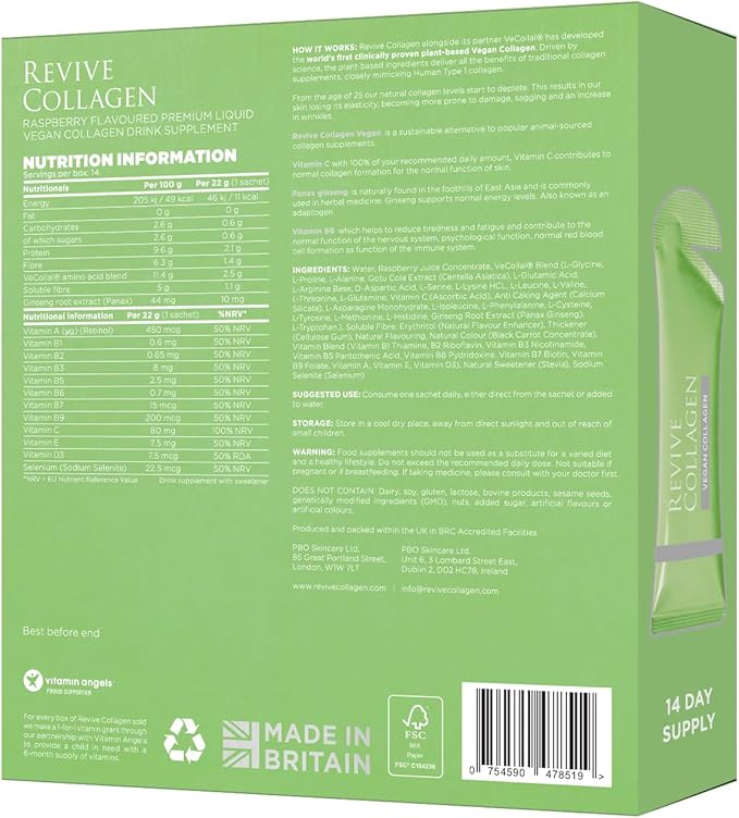 Revive Collagen 2500mg Plant Based Vegan Collagen with Added Vitamin B C D &amp E - Raspberry Flavor (14 Days)