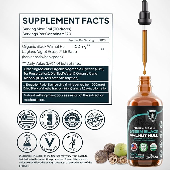 Zenmen Organic Green Black Walnut Hull Tincture - Highly Potent Formula Source of Antioxidants - 4.97 fl oz / 120ml Vegan Manufactured in The USA