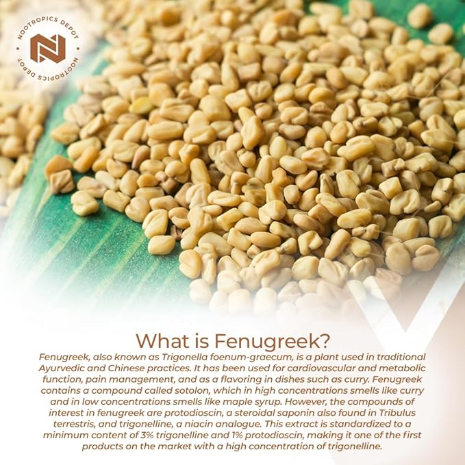 Nootropics Depot Fenugreek Extract Capsules | 500mg | 60 ct | 3% Trigonelline 1% Protodioscin | Trigonella foenum-graecum | Mood Fitness &amp Metabolic Function