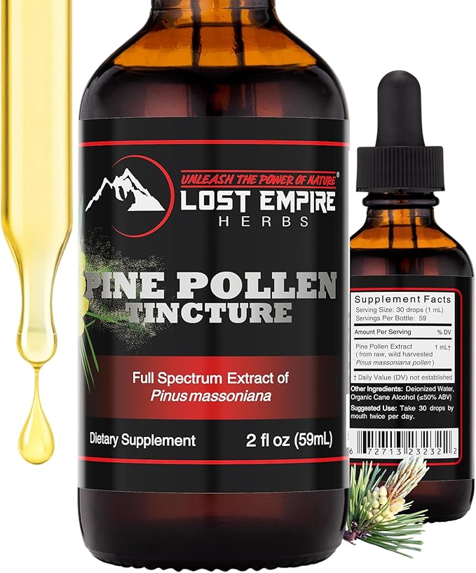 Lost Empire Herbs Pine Pollen Tincture Pine Pollen Liquid Extract for Testosterone - Alcohol Tincture is Superior for Better Absorption 3rd Party Lab Tested (2 Ounce)