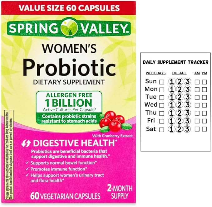 Spring Valley Women's Probiotic Dietary Supplement Vegetarian Capsules for Digestive Health Cranberry 60 Count Value Size + Daily Supplement Tracker Sticker