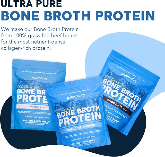 Paleovalley 100% Grass Fed Beef Bone Broth Protein Powder - Rich in Collagen Peptides for Hair Skin Gut Health Bone and Joint Support - 15g Protein Per Serving - No Gluten or GMOs