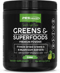 PEScience Greens Powder Superfood with Natural Chlorophyll Reishi &amp Turkey Tail Mushroom Powders Freeze-Dried Kale Spinach Broccoli Sprouts - Lime Flavor 30 Servings