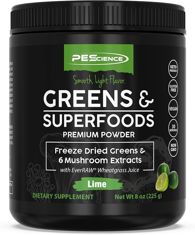 PEScience Greens Powder Superfood with Natural Chlorophyll Reishi &amp Turkey Tail Mushroom Powders Freeze-Dried Kale Spinach Broccoli Sprouts - Lime Flavor 30 Servings
