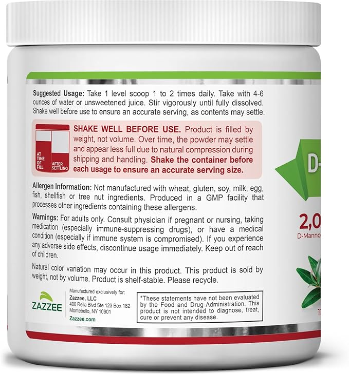 Zazzee D-Mannose Powder Plus 2000 mg 120 Servings Plus 5 Billion CFU Probiotics and Pure Cranberry Juice Extract Certified Kosher Free Scoop 11.94 oz Urinary Tract Support Non-GMO