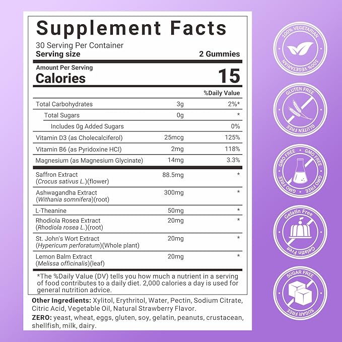 Saffron Supplements Gummies with 88.5 mg Saffron Extract Magnesium Glycinate L-Theanine Ashwagandha Rhodiola Rosea St. John’s Wort - Sugar Free 120 Count