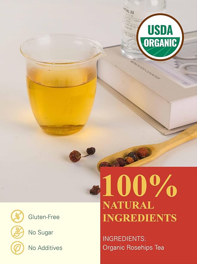 GLDNT Organic Rosehips Tea Premium Dried Organic Rose Hips Tea Loose Leaf Fruity Flavor and Aroma Whole Caffeine Free 16oz