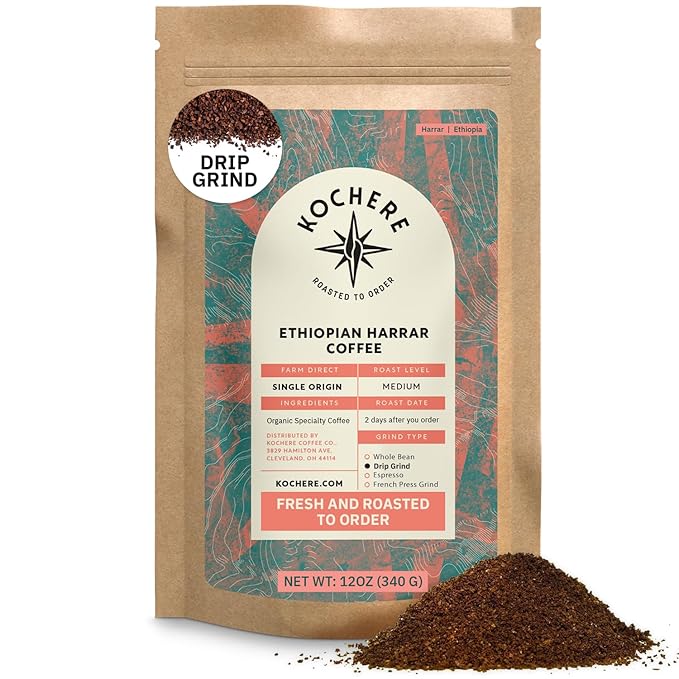 Organic Ethiopian Ground Coffee Medium Roast - 12 oz Single Origin Ethiopian Harrar Coffee Beans Specialty Coffee Fair Trade Chocolate &amp Fruity Notes - Roasted To Order