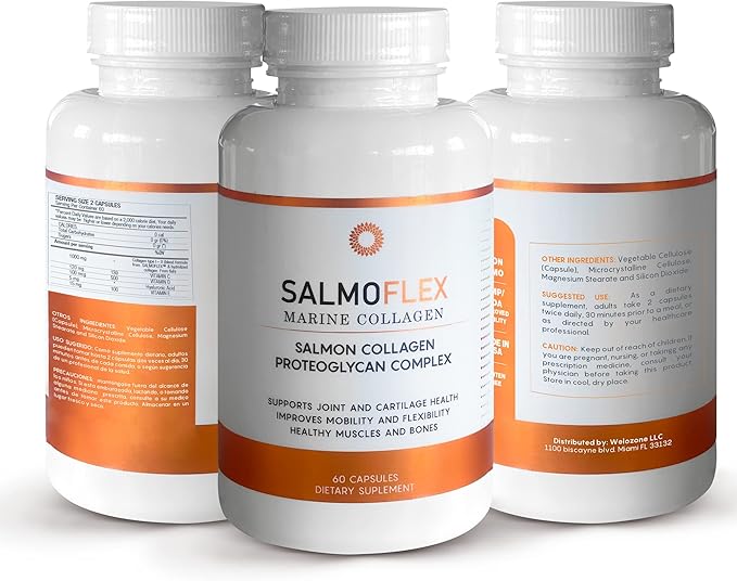 VITASEI Salmoflex Marine Collagen Peptides with Hyaluronic Acid and Vitamin C D E - Salmon Collagen Supplement for Bone and Joint - Hair Skin and Nails Vitamins - 60 Capsules (Pack of 3)
