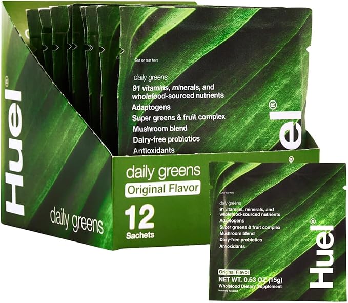 Huel Daily Greens Single Serve | Superfood Greens Powder | 91 Vitamins Minerals and Wholefood-Sourced Ingredients | Adaptogens Antioxidants Gut-Friendly Probiotics | 12 Pack