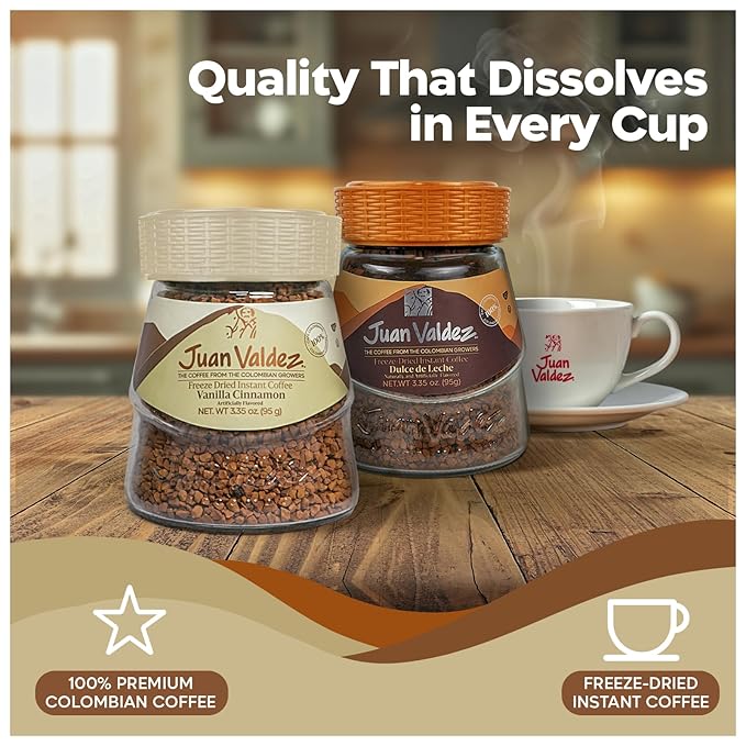 Juan Valdez Freeze-Dried Instant Coffee Bundle - Dulce de leche (3.5 oz) &amp Vanilla Cinnamon (3.35 oz) Flavors | 100% Colombian Arabica Beans | Smooth &amp Aromatic - Premium Colombian Coffee | 2
