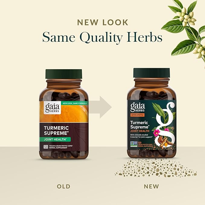 Gaia Herbs Turmeric Supreme Joint Health - Joint Support Supplement with Quercetin Black Pepper Boswellia Ginger Root Curcuminoids &amp More* - 120 Liquid Phyto-Caps (60 Servings)