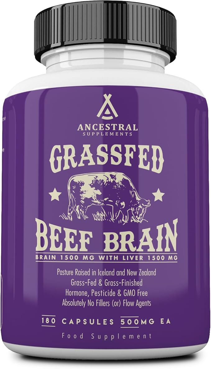 Ancestral Supplements Grass Fed Beef Brain Supplement with Beef Liver Whole Food Brain Support Promotes Brain Mood and Memory Health Brain and Liver Health Formula Capsules Non-GMO 180 Capsules