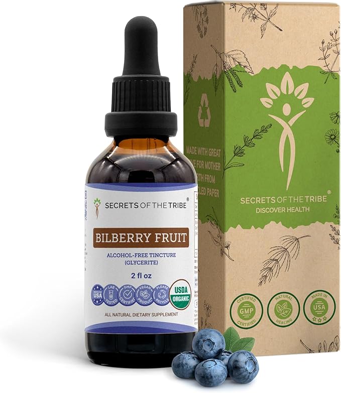 Secrets of the Tribe Bilberry Fruit USDA Organic | Alcohol-Free Extract High-Potency Herbal Drops Vision | Made from 100% Certified Organic Bilberry (Vaccinium Myrtillus) Dried Fruit 2 oz