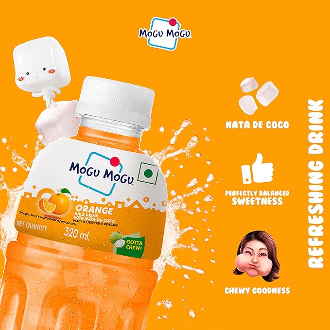 Mogu Mogu Lychee &amp Orange Juice Drink with Nata de Coco Jelly 320ml (Pack of 6)| Refreshing Tropical Thai-Made Sip &amp Chew Beverage