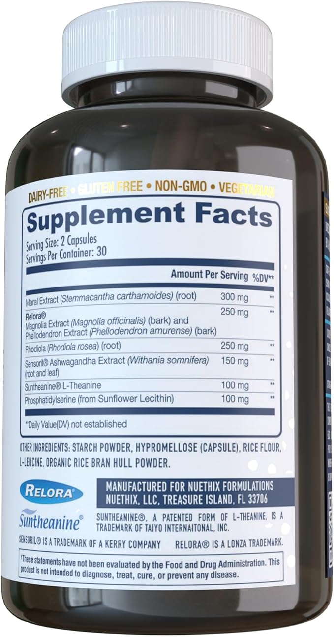 NuEthix Formulations Cort-Eaze - Cortisol Supplement - Health Support Supplement with Ashwagandha L-Theanine &amp Rhodiola Rosea - Relaxation and Deep Sleep 60 Capsules 30 Servings
