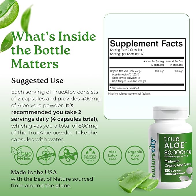 NatureCity True-Aloe Per Serving– Made with Organic Aloe Vera (720 Capsules) Digestive Skin and Joint Support|Small Easy-to-Swallow Pills