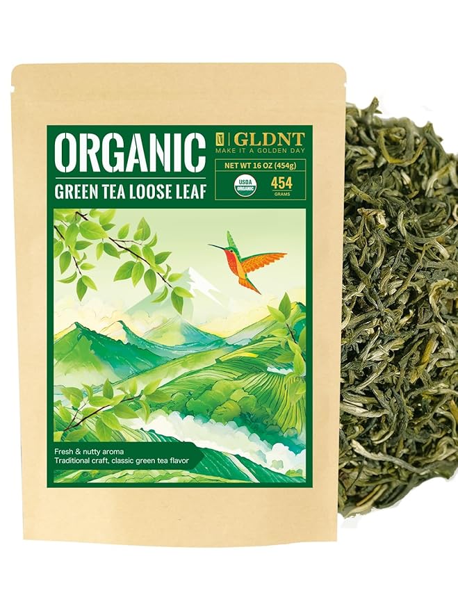 GLDNT Organic Green Tea Loose Leaf High Mountain Smooth &amp Delicate Flavor Caffeinated 16oz