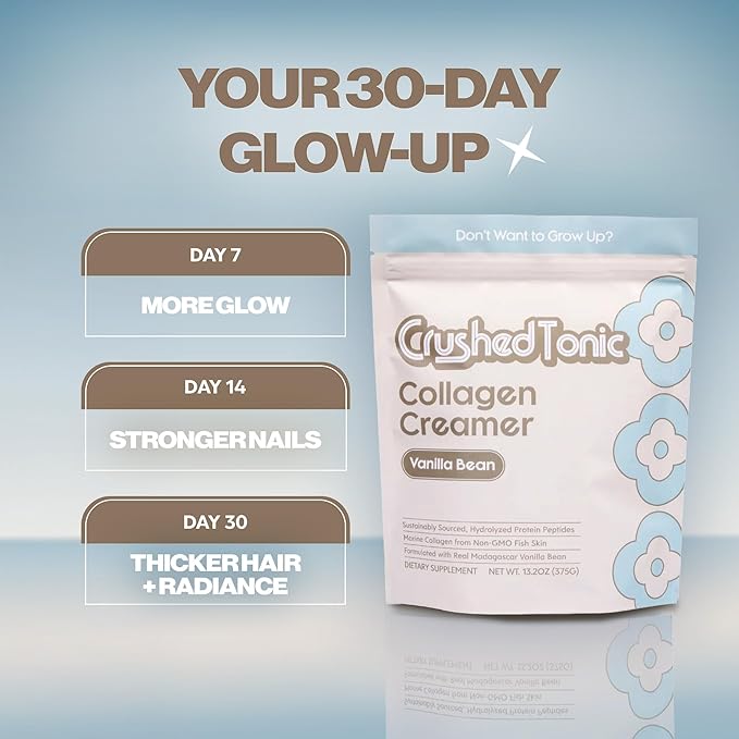 Crushed Tonic Korean Beauty Collagen Powder | Hydrolyzed Marine Collagen Peptides for Skin Glow Hair &amp Nails | Mix in Coffee | Gluten-Free Halal &amp Kosher (Vanilla Bean 30 Servings (150 g)