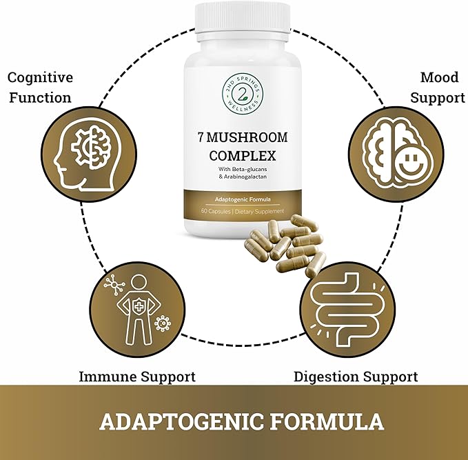 Organic Mushroom Complex - 7 Mushroom Supplement - Immune Support Nootropic &amp Adaptogenic Supplement with Lion's Mane Chaga Maitake Shiitake Reishi Turkey Tails Cordyceps Capsules