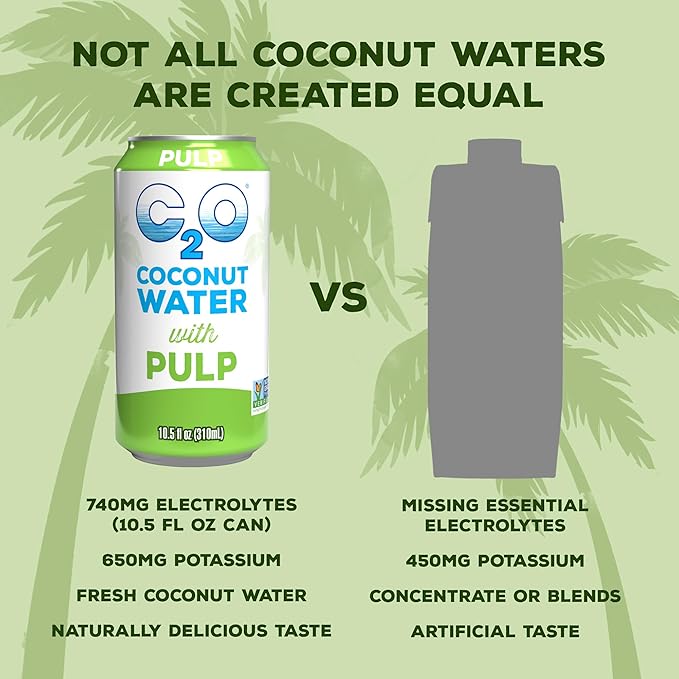C2O - Coconut Water with Pulp (24 Pack 3 Boxes of 8) - Made with Fresh Coconut Water - Plant Based Non GMO Canned Water - Natural Hydration Essential Electrolytes &amp Potassium - 24 Cans 10.5 F