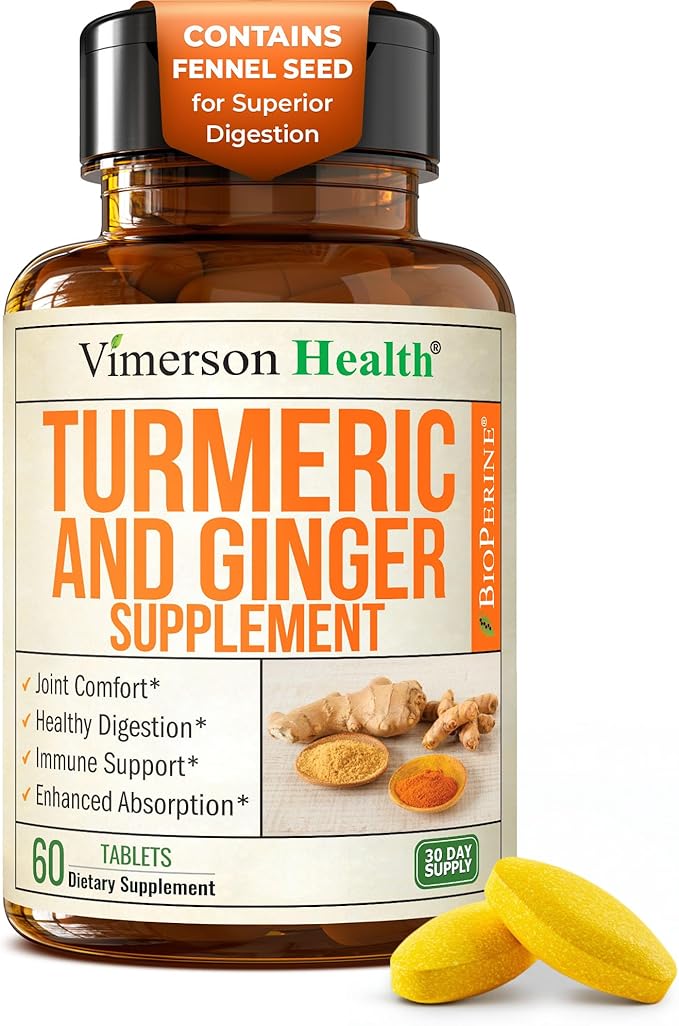 Turmeric Curcumin Supplement with Ginger Root for Joint Support Digestive &amp Gut Health - Contains Organic Turmeric Curcumin with Black Pepper (Bioperine) for Enhanced Absorption - 60 Tablets