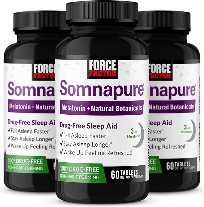 Force Factor Somnapure 3-Pack Drug-Free Sleep Aid for Adults for Occasional Sleeplessness with Melatonin &amp Valerian Non-Habit-Forming Sleeping Pills Fall Asleep Faster 180 Tablets