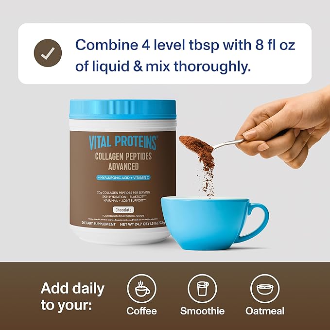 Vital Proteins Collagen Peptides Advanced Hydrolyzed Peptides with Hyaluronic Acid and Vitamin C - Chocolate Flavor Powder 24.7oz (Pack of 2)